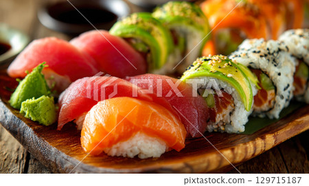 sushi platter, featuring a variety of nigiri and maki rolls with fresh salmon, tuna, and avocado. The dish is presented on a rustic wooden platter, perfect for a traditional Japanese meal sushi platter, featuring a variety of nigiri and maki rolls with fresh salmon, tuna, and avocado. The dish is presented on a rustic wooden platter, perfect for a traditional Japanese meal 129715187