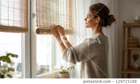 A woman with bun hairstyle is seen adjusting modern bamboo blind on window, with tape measure in her hand. This image conveys sense of home improvement, cozy interior design, calm, domestic lifestyle. A woman with bun hairstyle is seen adjusting modern bamboo blind on window, with tape measure in her hand. This image conveys sense of home improvement, cozy interior design, calm, domestic lifestyle. 129715188