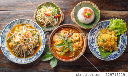 A vibrant top-down view of a traditional Thai food feast, showcasing a variety of dishes such as a spicy papaya salad, a rich red curry with shrimp, and savory noodle dishes, served in authentic bowls 129715219