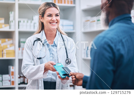 Pharmacist, payment or customer with credit card for medicine or buying. Pharmacy, woman or black man pay for pills, medical treatment or paying for prescription, clinic dispensary or pharmaceutical Pharmacist, payment or customer with credit card for medicine or buying. Pharmacy, woman or black man pay for pills, medical treatment or paying for prescription, clinic dispensary or pharmaceutical 129715276