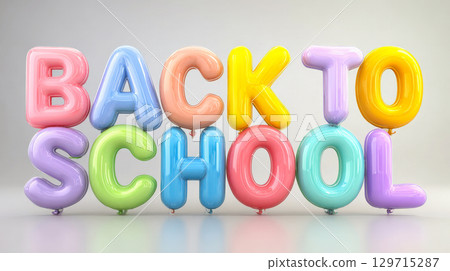 A vibrant and playful "Back to School" sign created from colorful, inflated balloons. The light gray background provides a clean and modern look, making it perfect for various educational promotions, 129715287