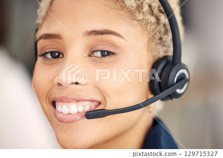 Closeup portrait, call center and agent woman with smile, happiness and headset in customer support. Happy crm, customer service expert or consultant for communication by blurred background in office Closeup portrait, call center and agent woman with smile, happiness and headset in customer support. Happy crm, customer service expert or consultant for communication by blurred background in office 129715327