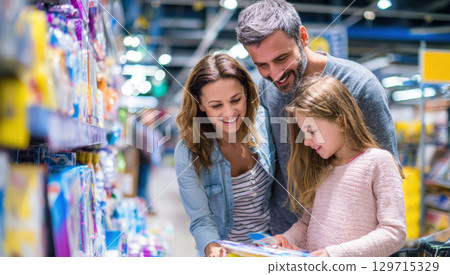 A cheerful family, with a mother, father, and daughter, smiling while shopping together in a supermarket aisle. They are looking at products and sharing a happy moment. This image is great for A cheerful family, with a mother, father, and daughter, smiling while shopping together in a supermarket aisle. They are looking at products and sharing a happy moment. This image is great for 129715329