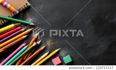 A top-down view of colorful pencils, a notebook, and erasers scattered on dusty chalkboard. The vibrant school supplies contrast with the dark surface, leaving ample space for creative text or design 129715337