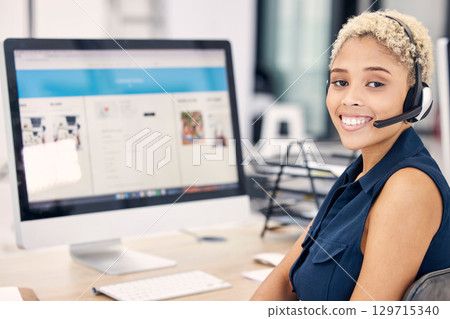Call center, portrait and woman telemarker working in customer support and customer service. Communication, agent and contact us or crm operator offering online telemarketing advice in agency 129715340