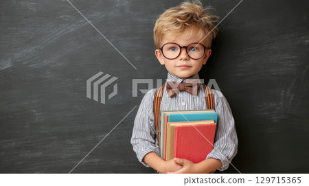 A portrait of a young boy dressed as smart student, complete with a bow tie and glasses, holding stack of books. He stands confidently in front of dark chalkboard, symbolizing a readiness for learning 129715365