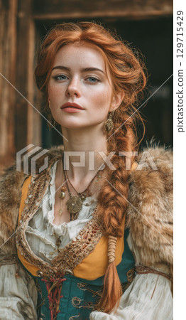 A stunning portrait of a woman dressed in historical or fantasy attire. Her striking red hair, detailed jewelry, and thoughtful expression evoke a sense of mythology and tradition 129715429