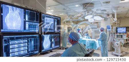 Medical team performing a procedure in a modern hospital operating room. The image highlights advanced medical technology, diagnostic screens, and a clean, sterile environment 129715430