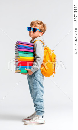 A joyful kid stands with a large pile of vibrant books and a backpack. This image is perfect for back-to-school promotions, education, reading, and academic success themes 129715431