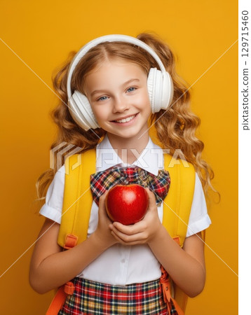 Cheerful schoolgirl in headphones holds a red apple, ready for a new school year. The yellow background and backpack highlight her bright, youthful energy and love for learning and music 129715460
