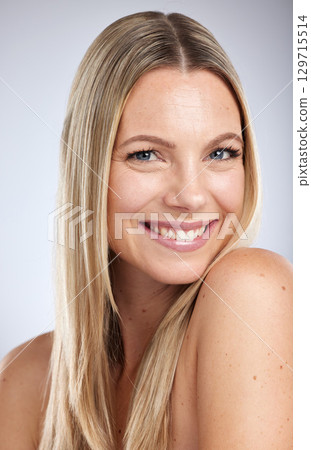 Beauty, face and teeth with woman and hair care, healthy skin with wellness and glow, facial and hair shine. Natural cosmetics, dermatology and Invisalign, skincare with cosmetic treatment portrait. 129715514