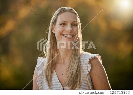 Face portrait, smile and happy woman on vacation, holiday or trip outdoors. Relax, freedom and smiling female from Canada on break, having fun or enjoying quality time alone in nature, park or garden 129715533