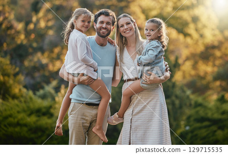 Family, park and portrait of parents with kids enjoying summer holiday, weekend and quality time outdoors. Love, nature and happy mother, father and children smiling, bonding and relax together 129715535