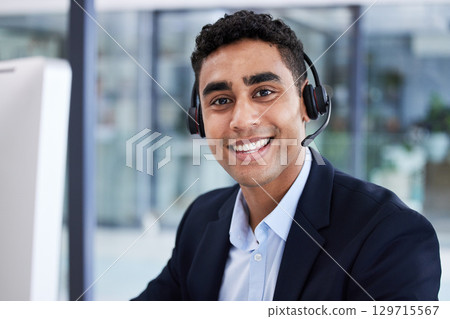 Businessman, call center and portrait smile for telemarketing, customer support or service at the office. Happy employee man consultant or agent smiling in contact us, help or online advice at desk Businessman, call center and portrait smile for telemarketing, customer support or service at the office. Happy employee man consultant or agent smiling in contact us, help or online advice at desk 129715567
