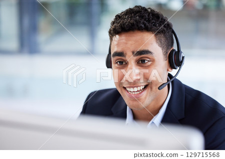 Businessman, computer or call center in telemarketing help company, customer support office or b2b sales CRM. Smile, happy or talking receptionist worker with technology headset in Indian contact us Businessman, computer or call center in telemarketing help company, customer support office or b2b sales CRM. Smile, happy or talking receptionist worker with technology headset in Indian contact us 129715568