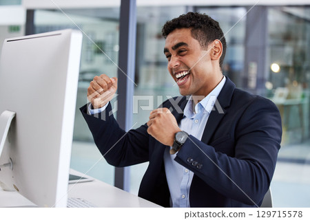 Businessman, computer or success fist in finance office for stock market trading, investment growth or insurance index winner. Happy smile, celebration financial worker or celebration hands on tech 129715578