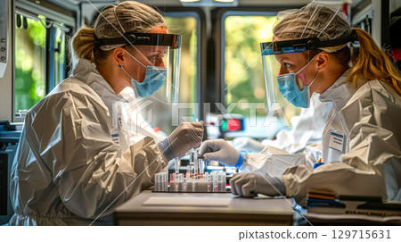 Medical professionals in protective gear conducting tests in mobile laboratory environment Medical professionals in protective gear conducting tests in mobile laboratory environment 129715631