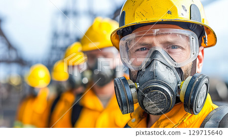 Construction workers in safety gear with helmets and masks, focused on teamwork in industrial setting Construction workers in safety gear with helmets and masks, focused on teamwork in industrial setting 129715640