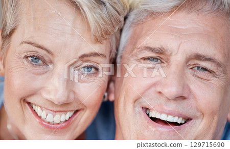 Portrait, face and senior couple with smile, retirement and happiness for romance, bonding and relationship. Romantic, mature woman and elderly man embrace, love and hug for anniversary and relax Portrait, face and senior couple with smile, retirement and happiness for romance, bonding and relationship. Romantic, mature woman and elderly man embrace, love and hug for anniversary and relax 129715690