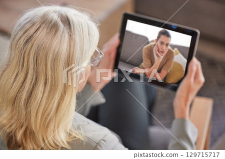 Video call, tablet or woman for digital therapy, webinar consulting or zoom call with customer, patient or client. Tech, psychology or consultant for support, divorce help or mental health and stress 129715717