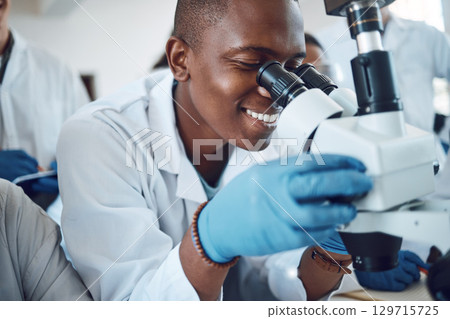 Science, microscope and students learning in class, classroom physics and happy with research in a lab. Innovation, scientist and African teenager in high school studying microbiology for education Science, microscope and students learning in class, classroom physics and happy with research in a lab. Innovation, scientist and African teenager in high school studying microbiology for education 129715725