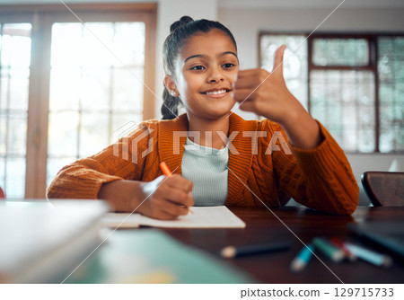 Student, school and education, girl with math homework and counting, learning at family home and happy with study. Academic, scholarship and writing, learn for development with primary school pupil. 129715733