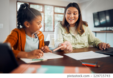 Education, home school and homework with a student girl and mother learning at a table in their house. Family, writing and kids with a woman and female child reading for growth or development Education, home school and homework with a student girl and mother learning at a table in their house. Family, writing and kids with a woman and female child reading for growth or development 129715743