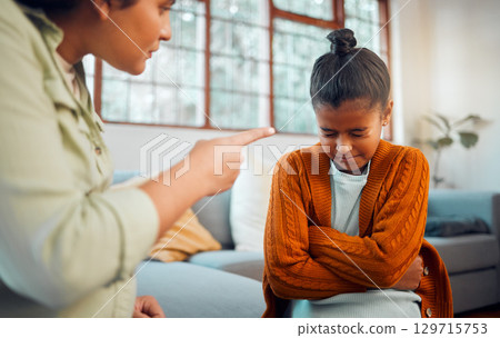 Fight, discipline and upset with child and mother scolding for disappointed, behaviour problems and punishment. Communication, angry and frustrated with mom and daughter. in family home for conflict 129715753