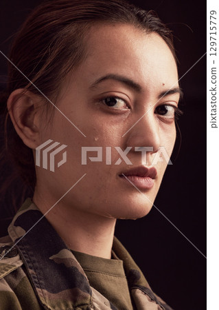 Crying, soldier trauma and face of sad woman with depression, military ptsd and trauma from army service on studio black background. Portrait of depressed young female veteran with tears from battle 129715779