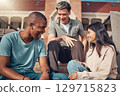 University, students and diversity friends laughing at campus building outdoor in break, happiness and fun together for education, studying and learning. Happy group of young people relax at college 129715823