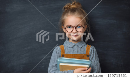 Sweet, smart schoolgirl with smile, glasses stands in front of chalkboard, holding books. Her hair is in a bun, and she is wearing corduroy overalls, capturing charming, studious back-to-school theme 129715861