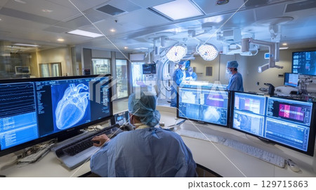operating room with a medical professional at a console, monitoring a large screen showing heart scan while a surgical team works in the background, showcasing medical innovation, hospital environment 129715863