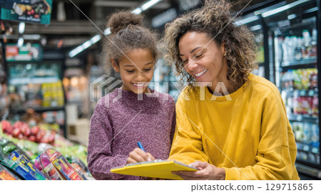 A loving mother and her daughter, both with beautiful curly hair, share a happy moment shopping, as they check items off their list together in a brightly lit grocery store 129715865