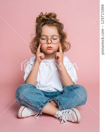 A cute little girl with her hair in bun and round glasses sits cross-legged against a pink background, with her eyes closed in concentration, symbolizing moment of focused thought, study, meditation 129715866