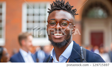 African American man smiling confidently outdoors with blurred background of people and architecture 129715897