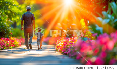 Elderly man and young boy walking hand in hand through a vibrant flower garden during sunset 129715899