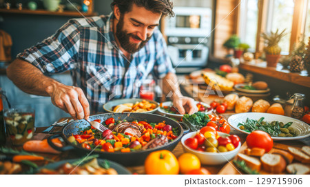 Man preparing a colorful vegetable dish in a cozy kitchen filled with fresh ingredients and warmth 129715906