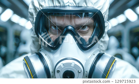 Individual in protective suit and gas mask, focused expression in sterile environment with equipment 129715923