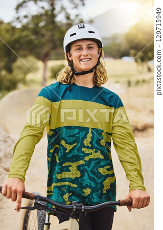 Mountain bike, cycling and man in portrait at a park or forest in safety gear helmet for sports goals, adventure and summer journey. Triathlon, athlete face and bicycle in Australia nature and trees Mountain bike, cycling and man in portrait at a park or forest in safety gear helmet for sports goals, adventure and summer journey. Triathlon, athlete face and bicycle in Australia nature and trees 129715949