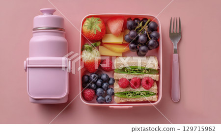 A pink bento box filled with healthy lunch. It contains sandwich, strawberries, raspberries, blueberries, grapes and pieces of pear. Pink thermos bottle, fork are placed next to box on pink background 129715962
