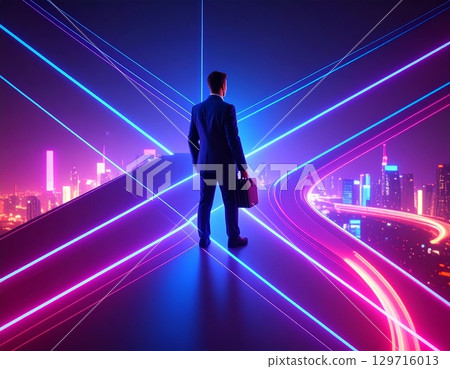 Illustration of a businessman at a crossroads in life 129716013