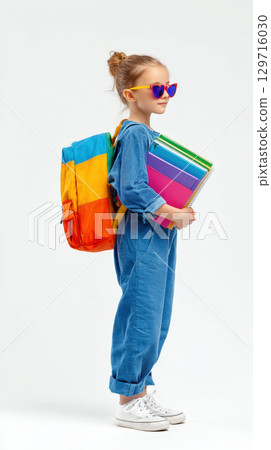 A little girl wearing a blue jumpsuit and sunglasses is holding a stack of books. She is also wearing a colorful rainbow backpack and white sneakers on white background, looking to the side. A little girl wearing a blue jumpsuit and sunglasses is holding a stack of books. She is also wearing a colorful rainbow backpack and white sneakers on white background, looking to the side. 129716030