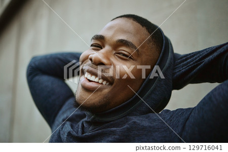 Portrait, black man and outdoor for exercise, smile and workout for fitness, wellness and health. African American male, athlete and runner on break, relax and happy on weekend, calm or peace in city Portrait, black man and outdoor for exercise, smile and workout for fitness, wellness and health. African American male, athlete and runner on break, relax and happy on weekend, calm or peace in city 129716041