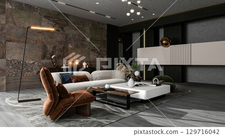 Modern Luxury Living Room Interior with Panoramic Window and Elegant Furniture, 3d Rendering 129716042