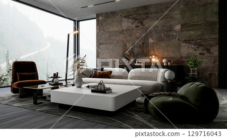 Modern Luxury Living Room Interior with Panoramic Window and Elegant Furniture, 3d Rendering 129716043
