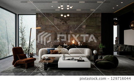 Modern Luxury Living Room Interior with Panoramic Window and Elegant Furniture, 3d Rendering Modern Luxury Living Room Interior with Panoramic Window and Elegant Furniture, 3d Rendering 129716044