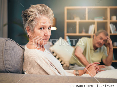 Stress, anxiety and senior couple in therapy on sofa for marriage counseling and senior care. Portrait of angry old woman, mental health care and relationship advice or support for divorce burnout. Stress, anxiety and senior couple in therapy on sofa for marriage counseling and senior care. Portrait of angry old woman, mental health care and relationship advice or support for divorce burnout. 129716056