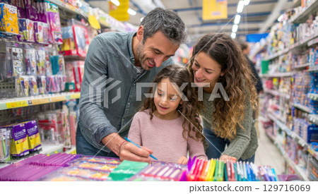 A happy family of three is choosing school supplies at a supermarket. The parents and their daughter are smiling as they are looking at the shelves. The father is pointing at the markers 129716069