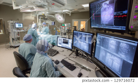A team of surgeons is performing a medical operation. One surgeon sits in front of three screens displaying medical scans and patient's vital signs. The room is modern and fully equipped A team of surgeons is performing a medical operation. One surgeon sits in front of three screens displaying medical scans and patient's vital signs. The room is modern and fully equipped 129716072