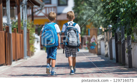 Two little boys with backpacks are walking away from the camera on a sunny day. They are wearing backpacks, shorts and t-shirts. The background is a residential area with a road and a house Two little boys with backpacks are walking away from the camera on a sunny day. They are wearing backpacks, shorts and t-shirts. The background is a residential area with a road and a house 129716073